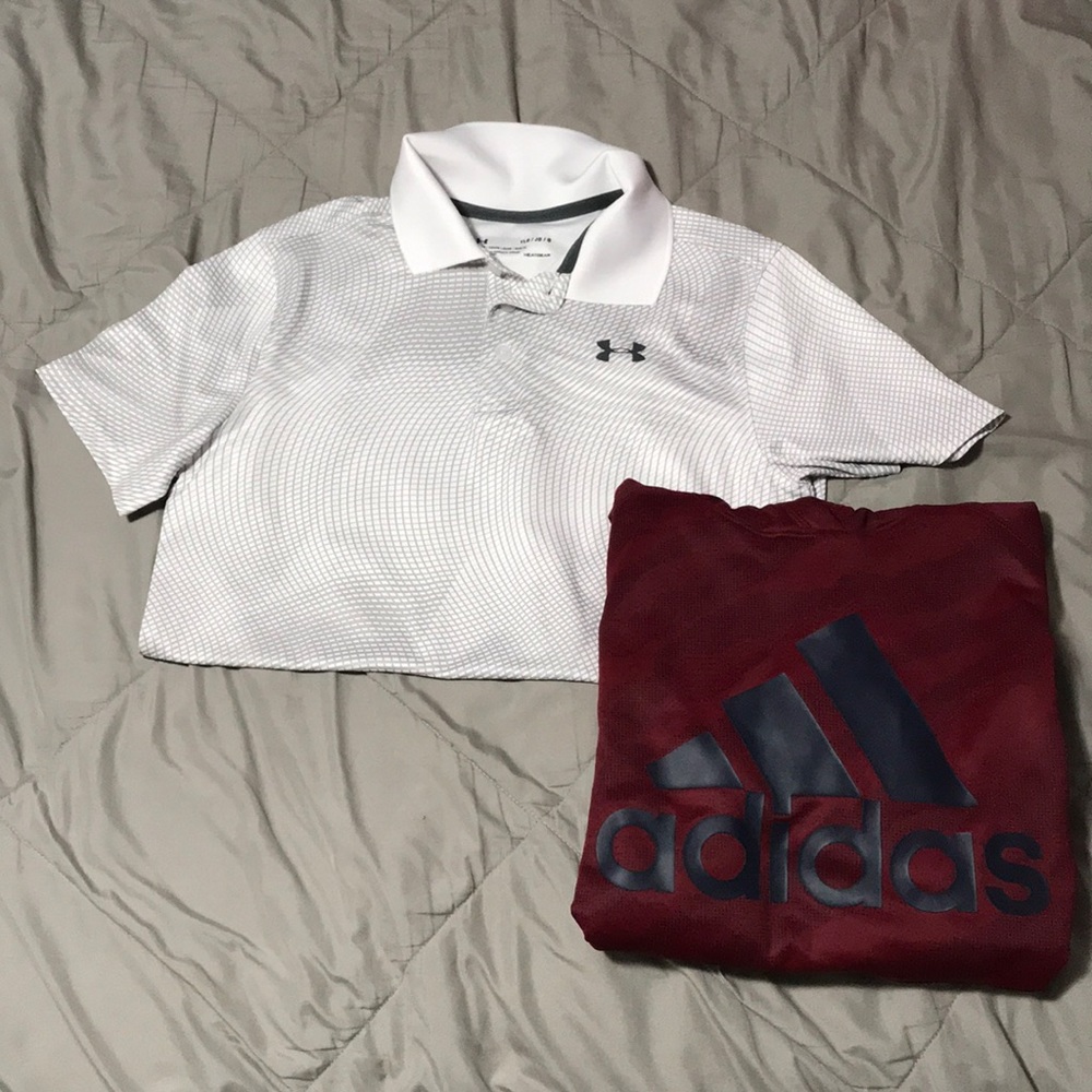 Under Armour dress shirt and adidas sweatshirt